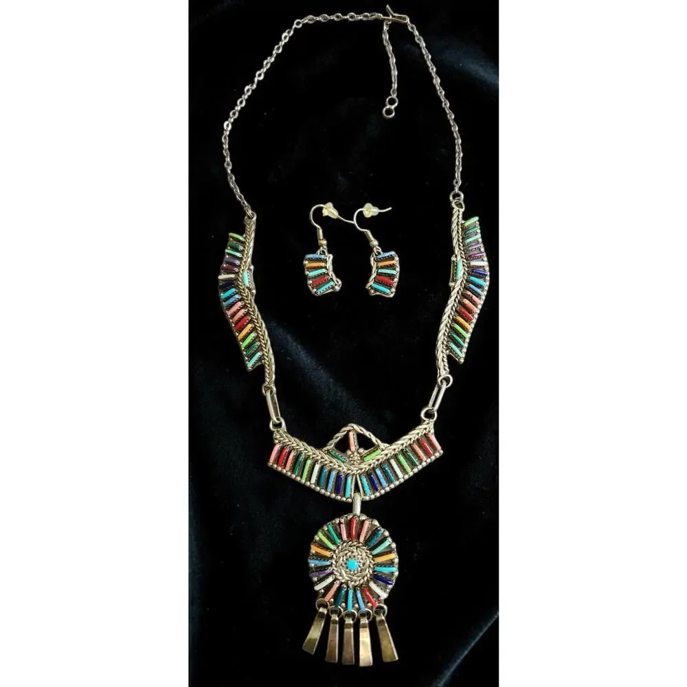 Zuni Sterling Multi-stone Rainbow Petit Point Necklace, Pendant & Earring Set